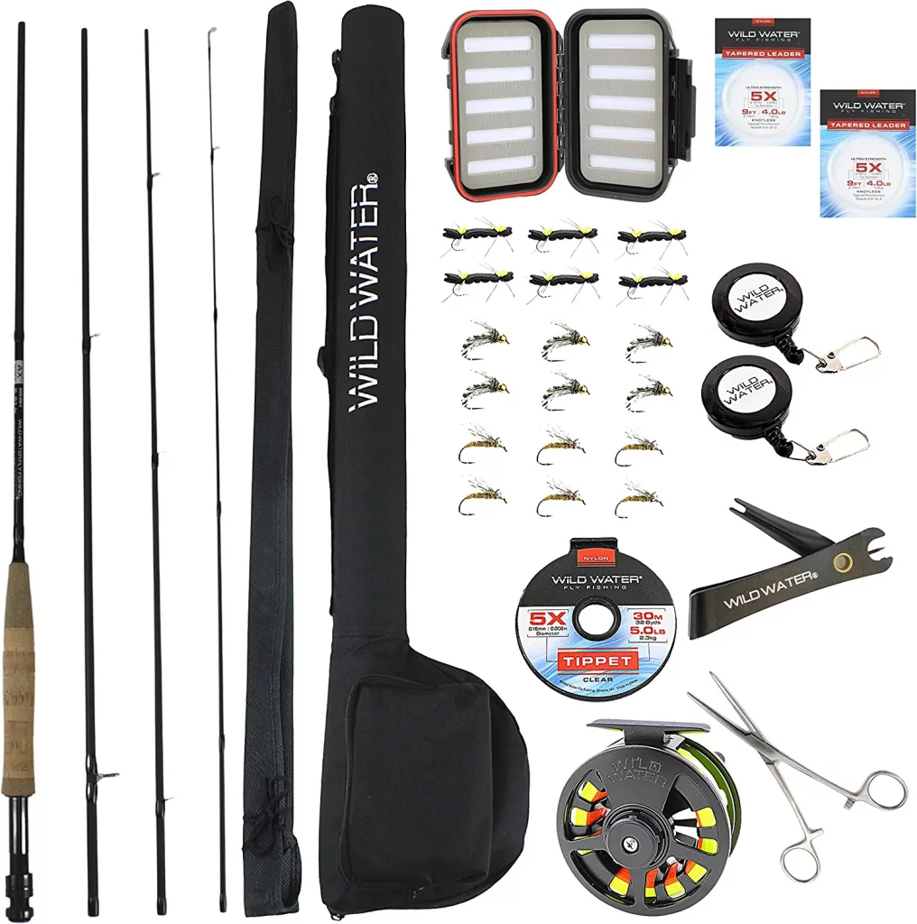 Wild Water Deluxe Fly Fishing Combo Starter Kit, 5 or 6 Weight 9 Foot Fly Rod, 4-Piece Graphite Rod with Cork Handle, Accessories, Die Cast Aluminum Reel,...