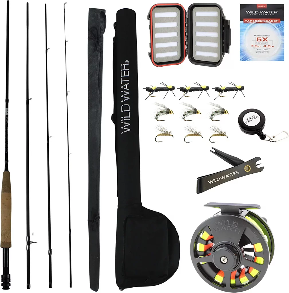 Wild Water Standard Fly Fishing Combo Starter Kit, 5 or 6 Weight 9 Foot Fly Rod, 4-Piece Graphite Rod with Cork Handle, Accessories, Die Cast Aluminum Reel,...