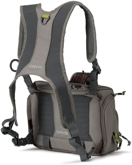 Orvis Chest Bag
It has a strap system that is comfortable and made with airy foam and mesh construction with a net D-ring on the top rear.