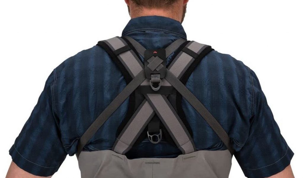 Simms Freestone Chest Bag - Back View With Cross Straps Simms Freestone Water Resistant Outdoor Chest Bag with Pockets | This fishing bag includes multiple pockets to hold all your fishing lures, hooks, and tackle. It features two zippered pockets and two interior organization pockets.