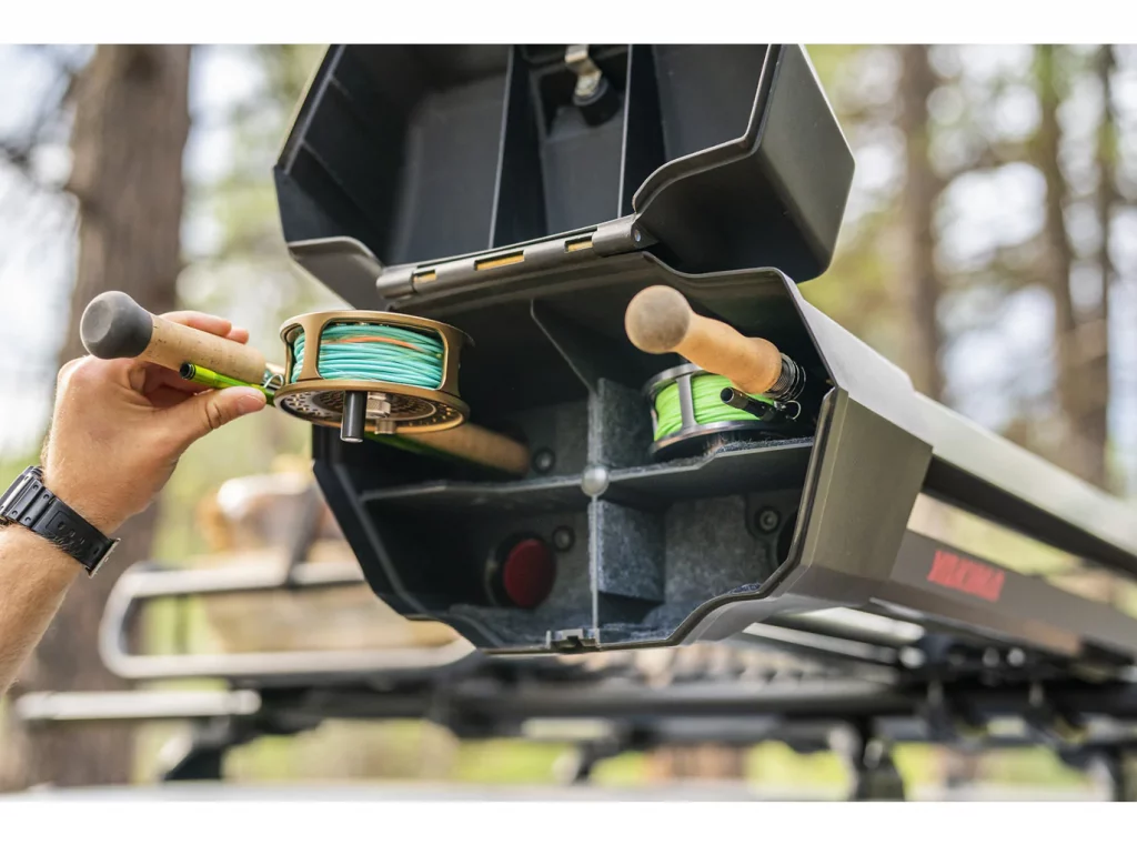 YAKIMA DoubleHaul Rooftop Fly Rod Carrier
Transports 4 fully strung-up fly rods up to 10 feet long; The top 2 reel slots fit most 12-weight reels, and the bottom two reel slots fit most 10-weight reels.